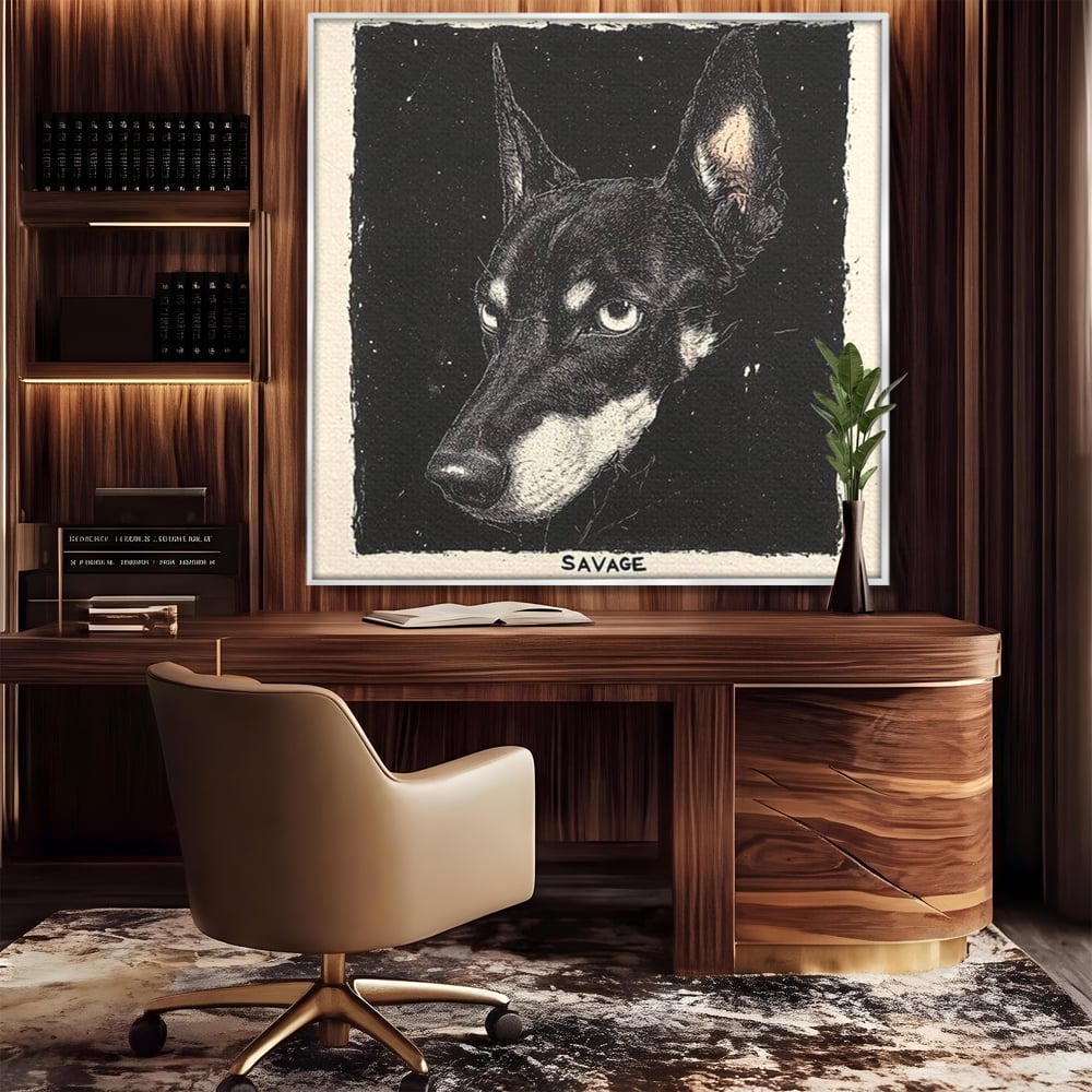 Tablou canvas cu tablou canvas cu portret de caine, in rama de aluminiu argintiu, pe perete intr-un birou